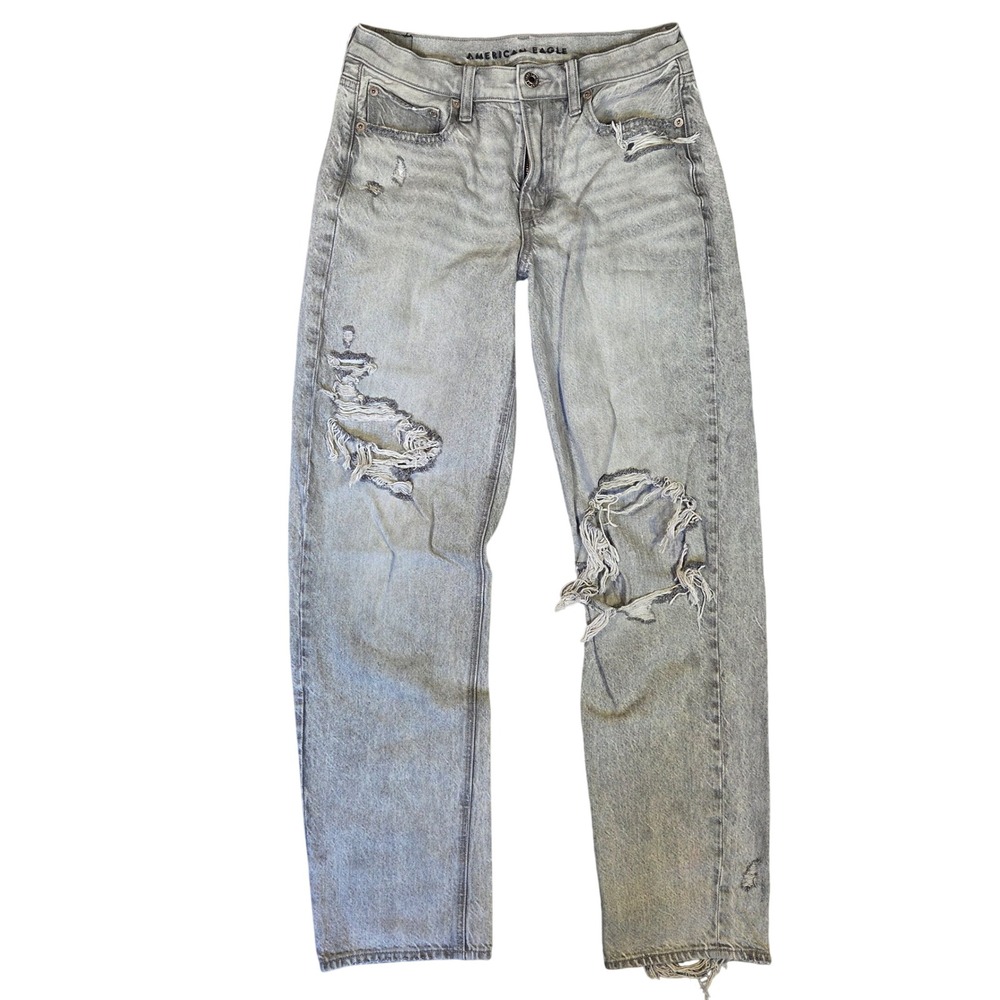 American Eagle 90s Straight Jeans Women 4 Gray Distressed High Rise Ripped Pants